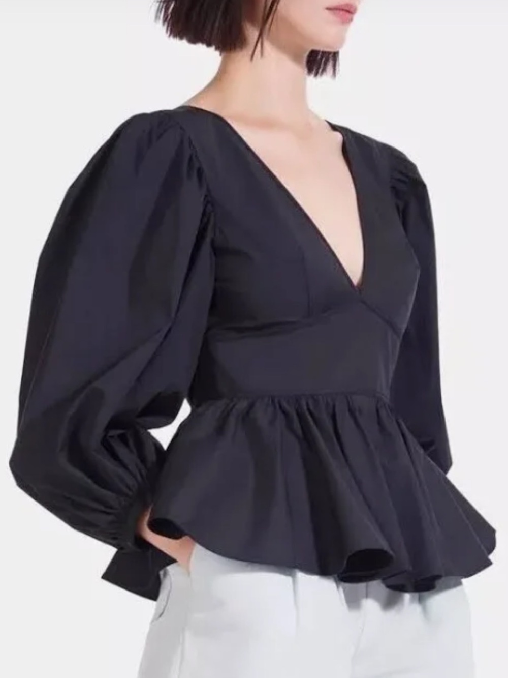 STAUD Met Luna Black Peplum V-Neck Blouse with Puff Sleeves